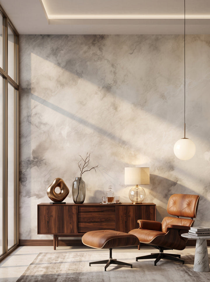Fototapeta artystyczna o nazwie WHISPERING CLOUDS w aranżacji wnętrza: salon kolekcjonera w stylu mid-century modern.