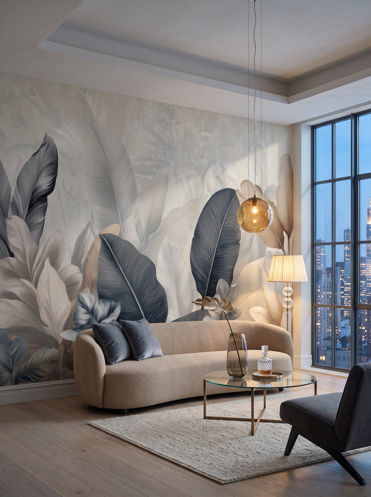 Fototapeta artystyczna o nazwie FEATHER SYMPHONY w aranżacji wnętrza: salon w penthousie na Manhattanie.