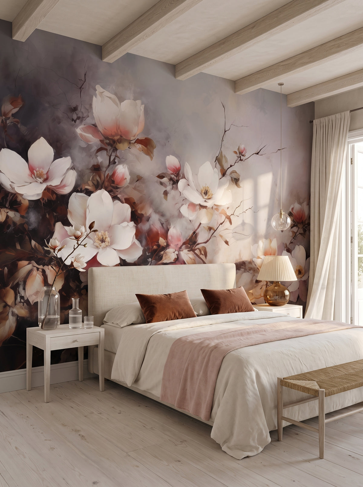 Fototapeta artystyczna o nazwie Magnolia Smoke w aranżacji wnętrza: sypialnia w nadmorskiej rezydencji.