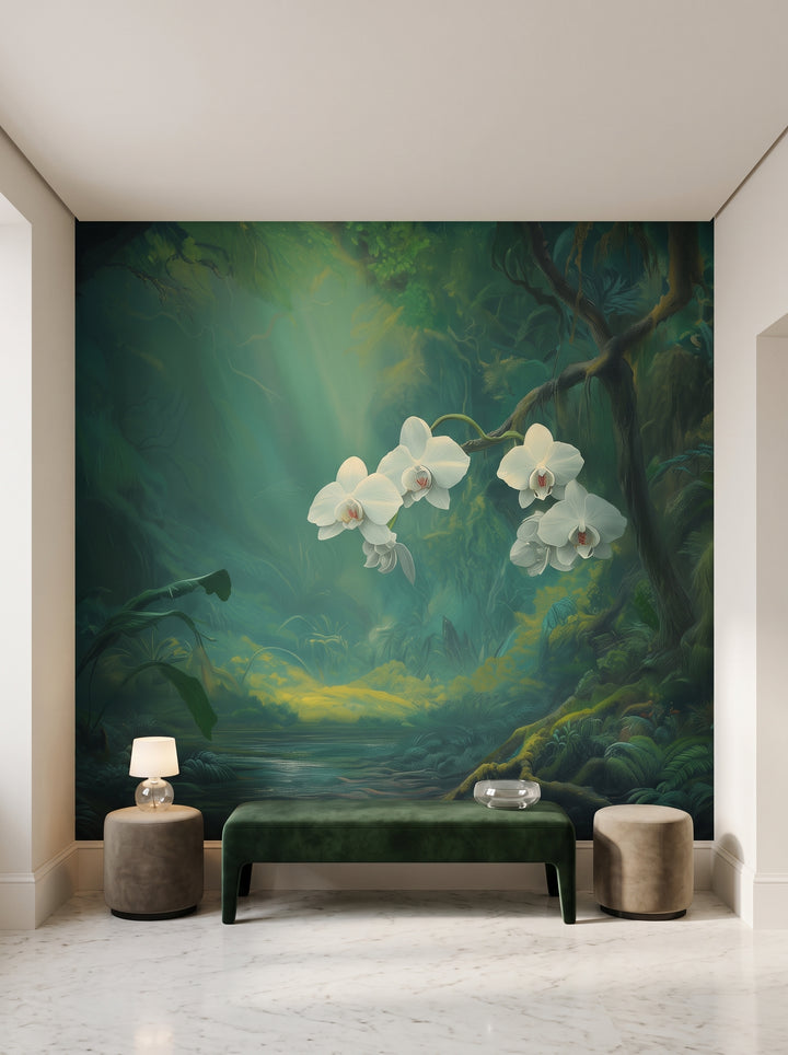 Fototapeta artystyczna o nazwie ORCHID SANCTUARY w aranżacji wnętrza: hol wejściowy w nowoczesnej rezydencji klasycznej.