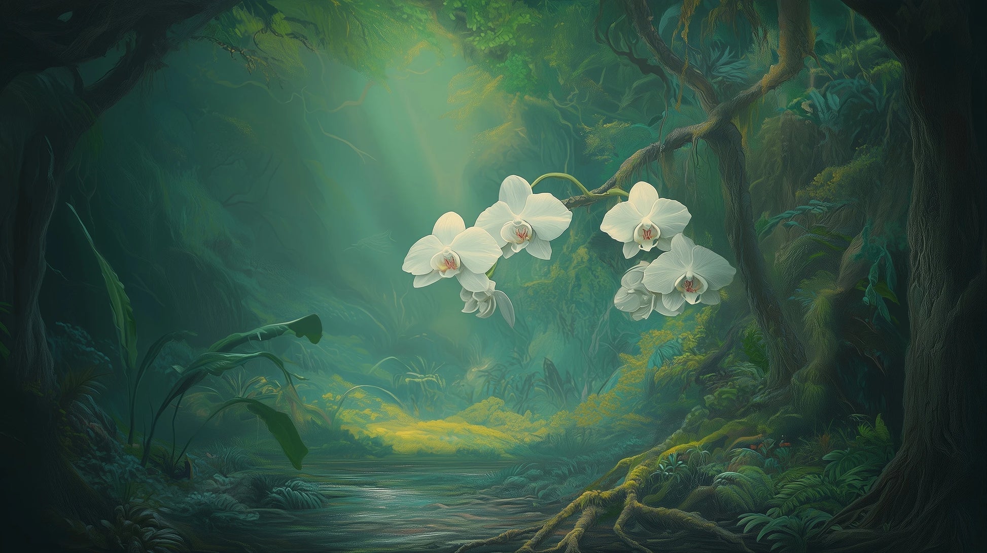 Prezentacja całego wzoru fototapety o nazwie ORCHID SANCTUARY - tapeta z mistycznym lasem i białymi kwiatami