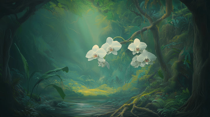 Prezentacja całego wzoru fototapety o nazwie ORCHID SANCTUARY - tapeta z mistycznym lasem i białymi kwiatami
