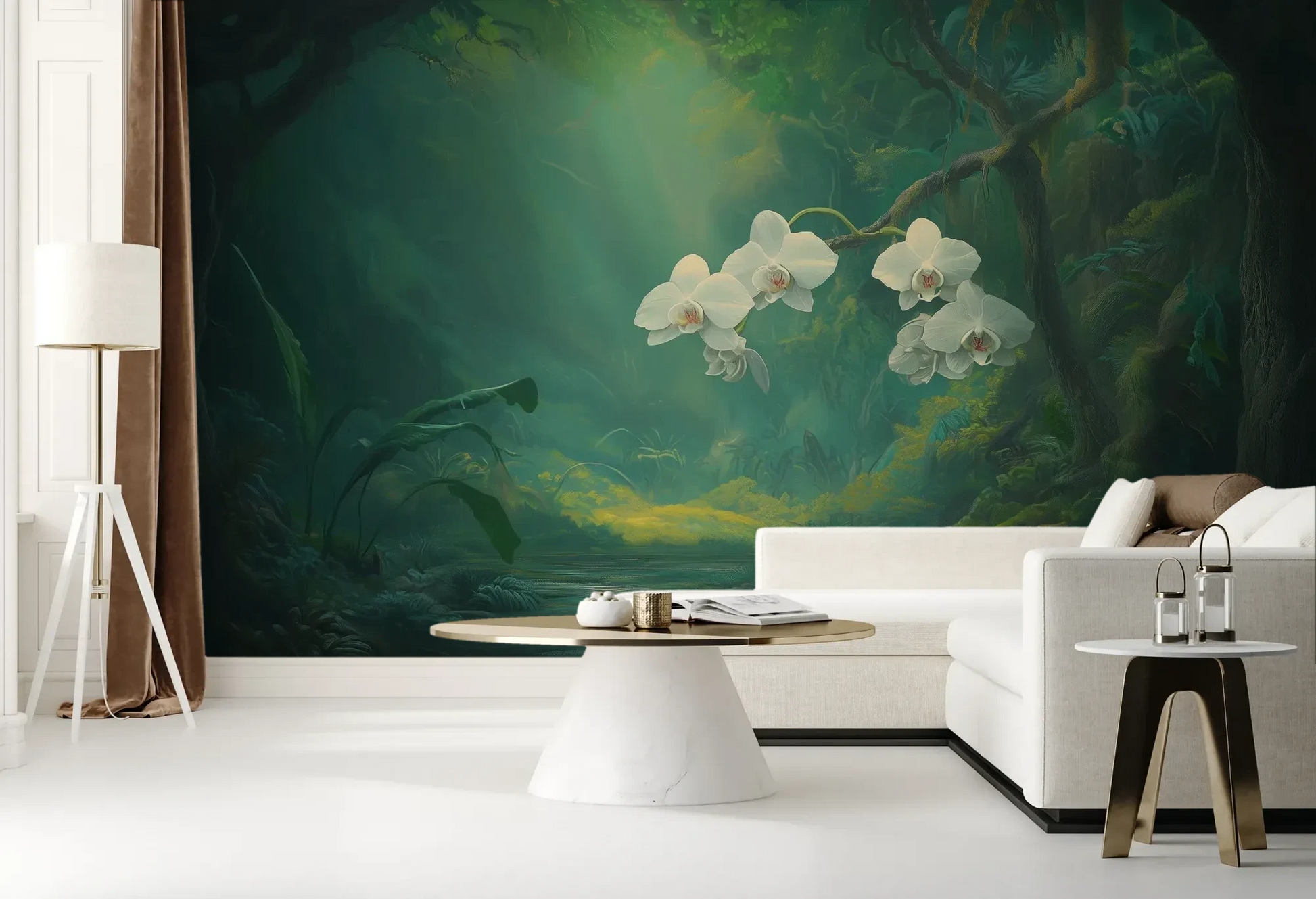 Wzór fototapety ORCHID SANCTUARY - tapeta z mistycznym lasem i białymi kwiatami pokazanej w aranżacji salonu.