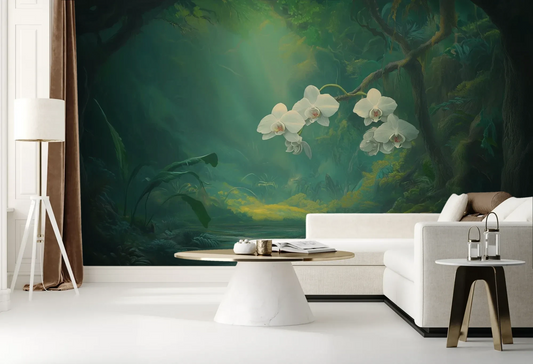 Wzór fototapety ORCHID SANCTUARY - tapeta z mistycznym lasem i białymi kwiatami pokazanej w aranżacji salonu.
