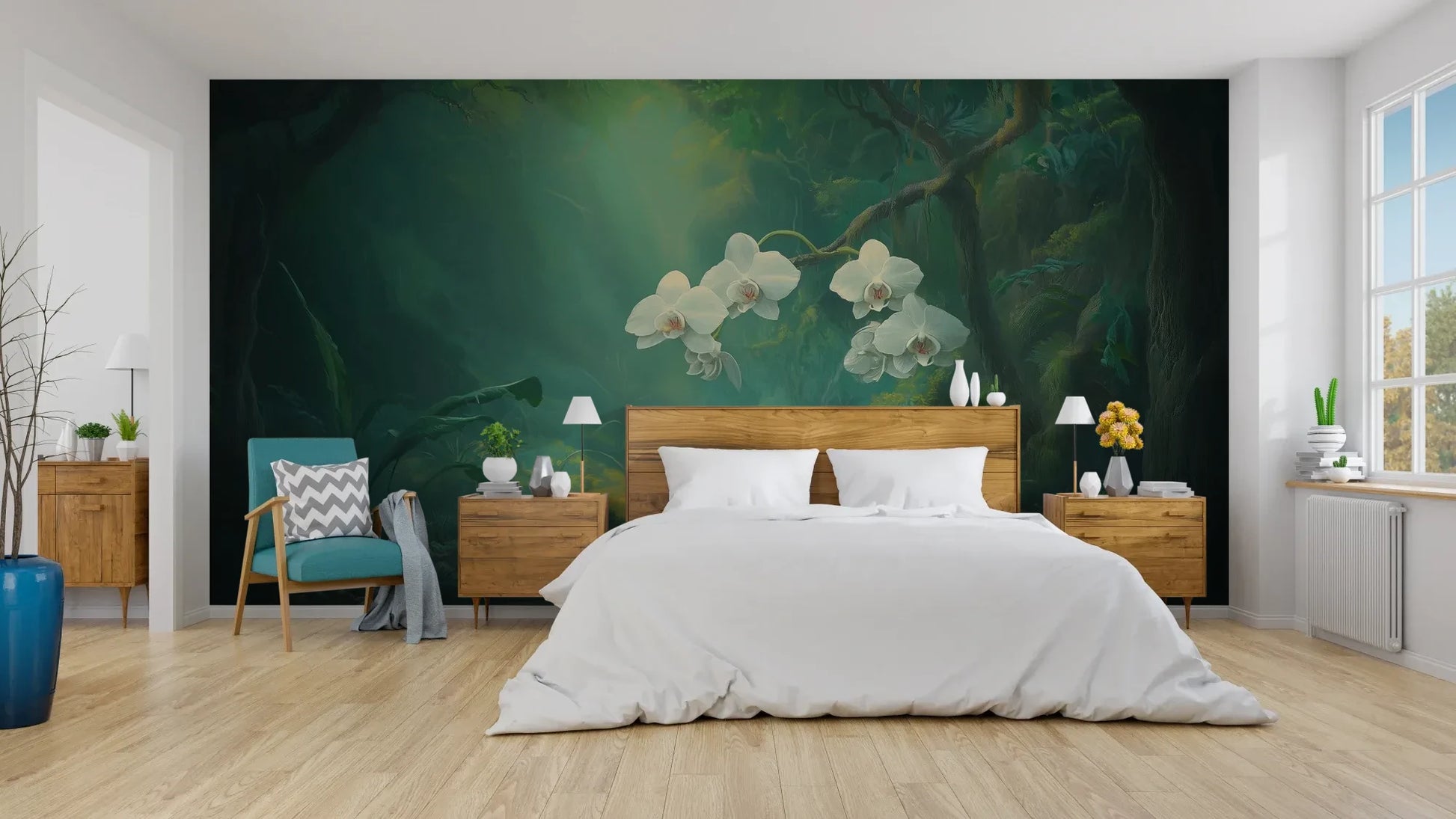 Wzór fototapety ORCHID SANCTUARY - tapeta z mistycznym lasem i białymi kwiatami pokazanej w aranżacji sypialni.