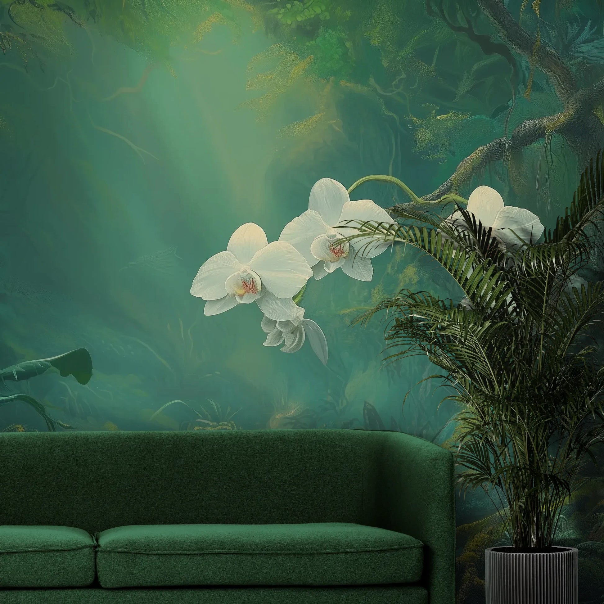 Fototapeta ORCHID SANCTUARY - tapeta z mistycznym lasem i białymi kwiatami pokazana w aranżacji wnętrza z akcentem na ścianie.