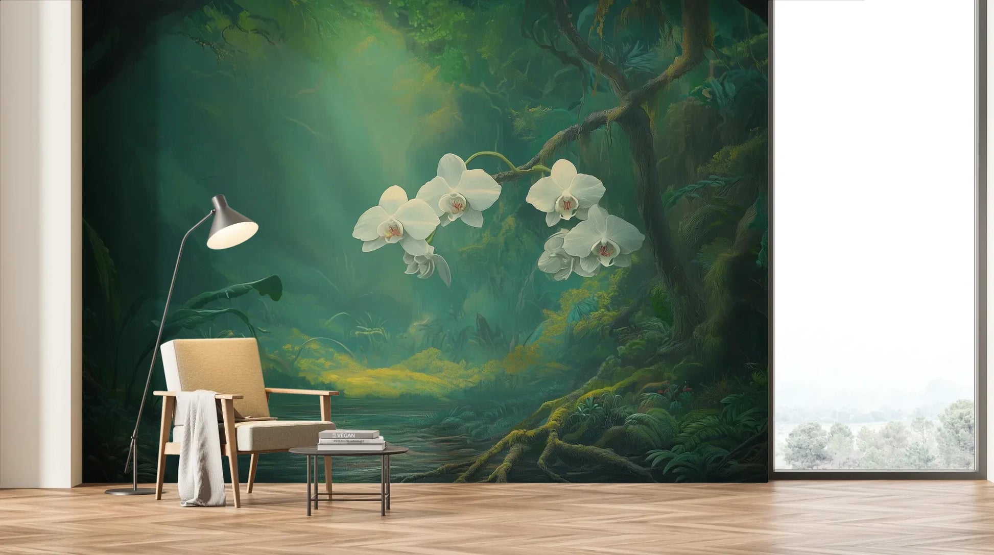 Wzór fototapety ORCHID SANCTUARY - tapeta z mistycznym lasem i białymi kwiatami pokazanej w aranżacji salonu.