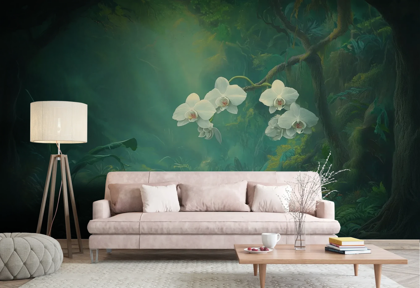 Wzór fototapety ORCHID SANCTUARY - tapeta z mistycznym lasem i białymi kwiatami pokazanej w aranżacji salonu.