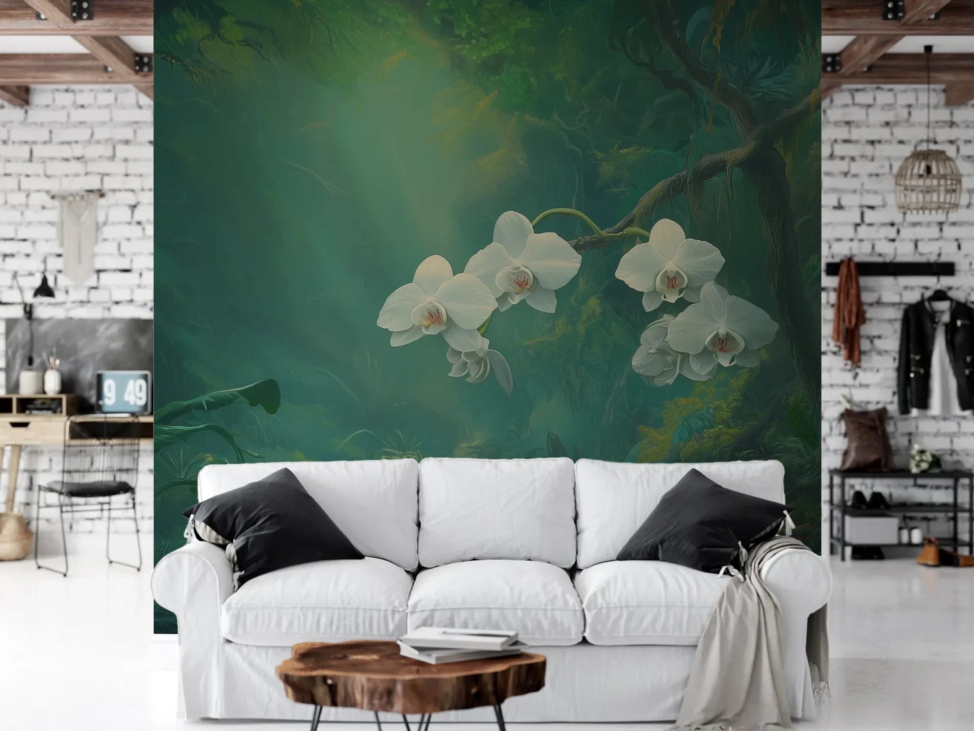 Wzór fototapety ORCHID SANCTUARY - tapeta z mistycznym lasem i białymi kwiatami pokazanej w aranżacji salonu.