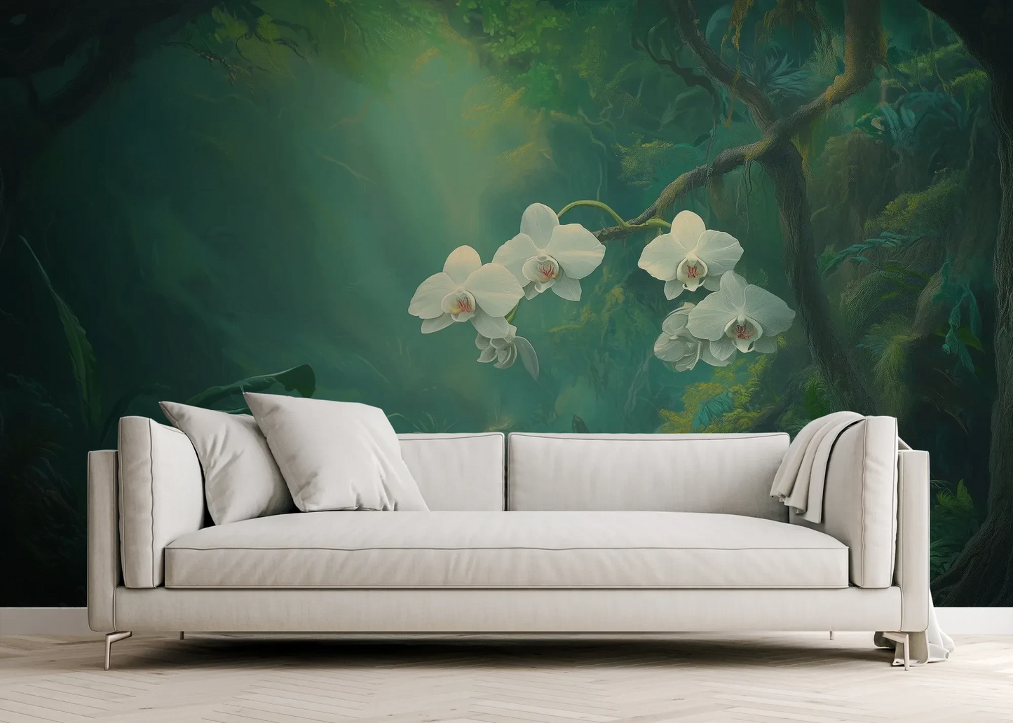 Wzór fototapety ORCHID SANCTUARY - tapeta z mistycznym lasem i białymi kwiatami pokazanej w aranżacji salonu.