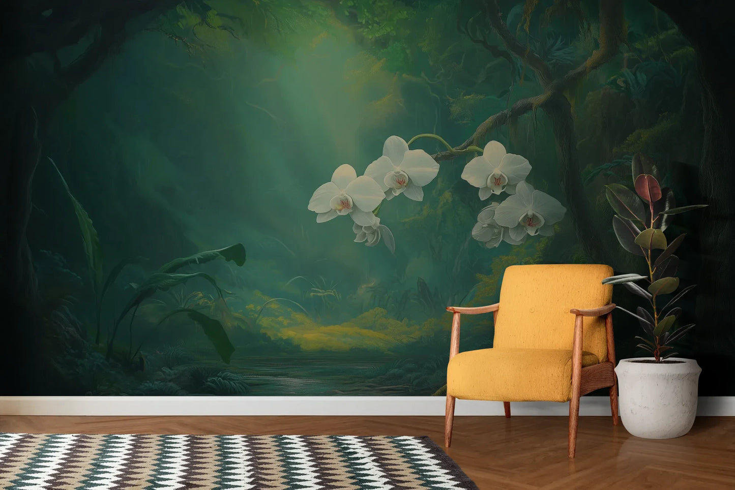 Wzór fototapety ORCHID SANCTUARY - tapeta z mistycznym lasem i białymi kwiatami pokazanej w aranżacji salonu.