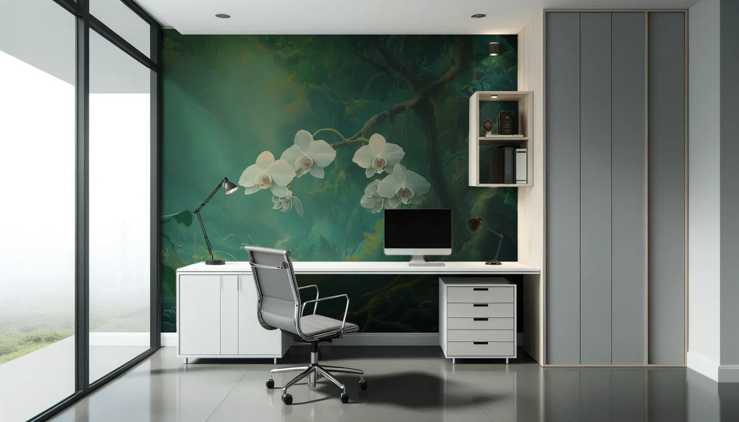 Fototapeta ORCHID SANCTUARY - tapeta z mistycznym lasem i białymi kwiatami pokazana w aranżacji biura.