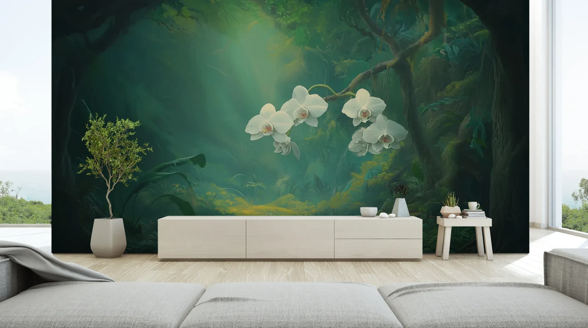 Wzór fototapety ORCHID SANCTUARY - tapeta z mistycznym lasem i białymi kwiatami pokazanej w aranżacji salonu.