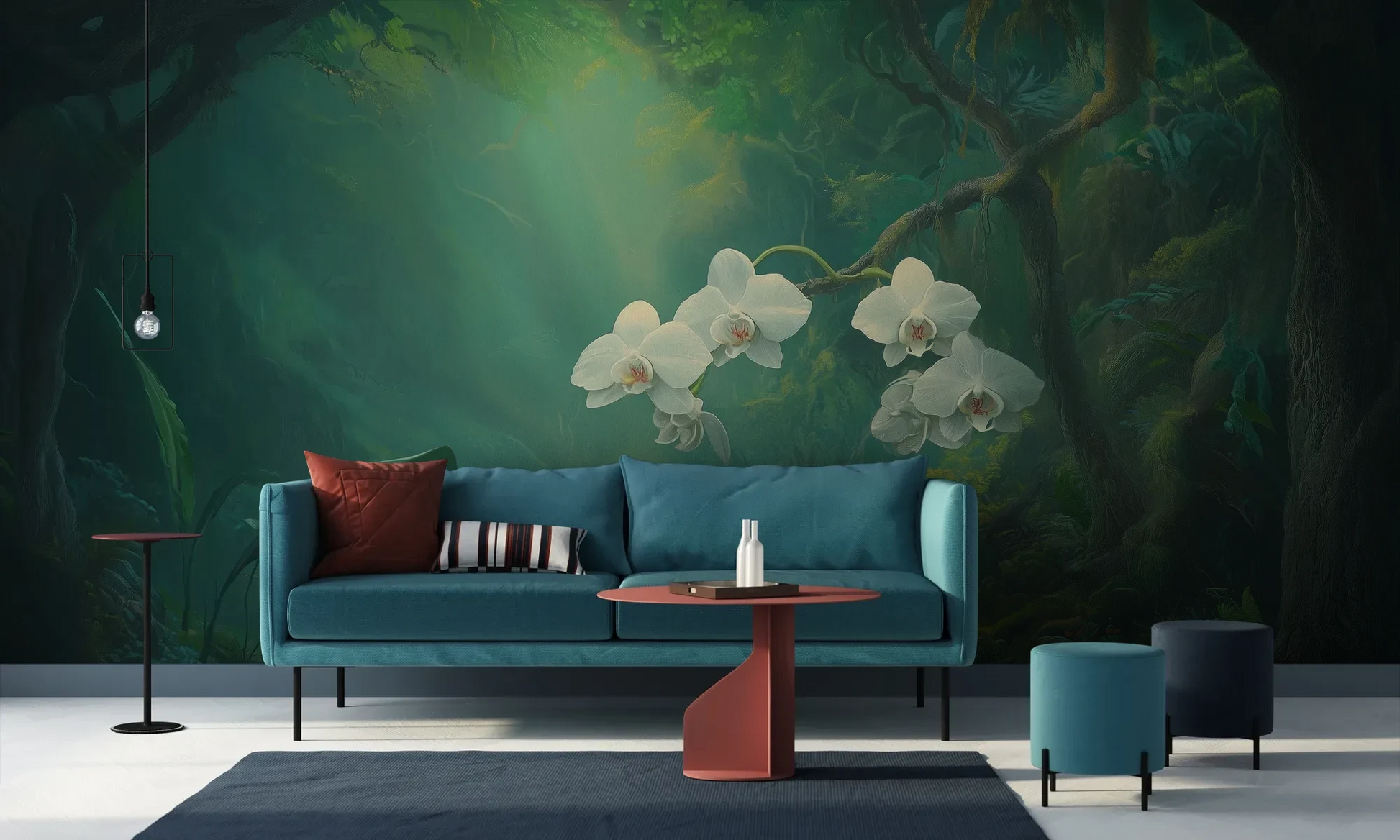 Wzór fototapety ORCHID SANCTUARY - tapeta z mistycznym lasem i białymi kwiatami pokazanej w aranżacji salonu.