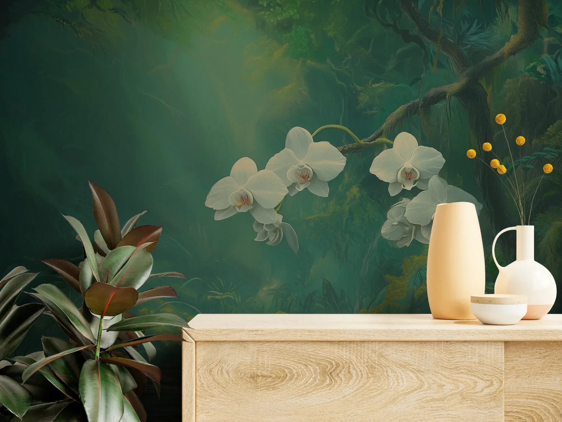 Fototapeta ORCHID SANCTUARY - tapeta z mistycznym lasem i białymi kwiatami pokazana w aranżacji wnętrza z akcentem na ścianie.