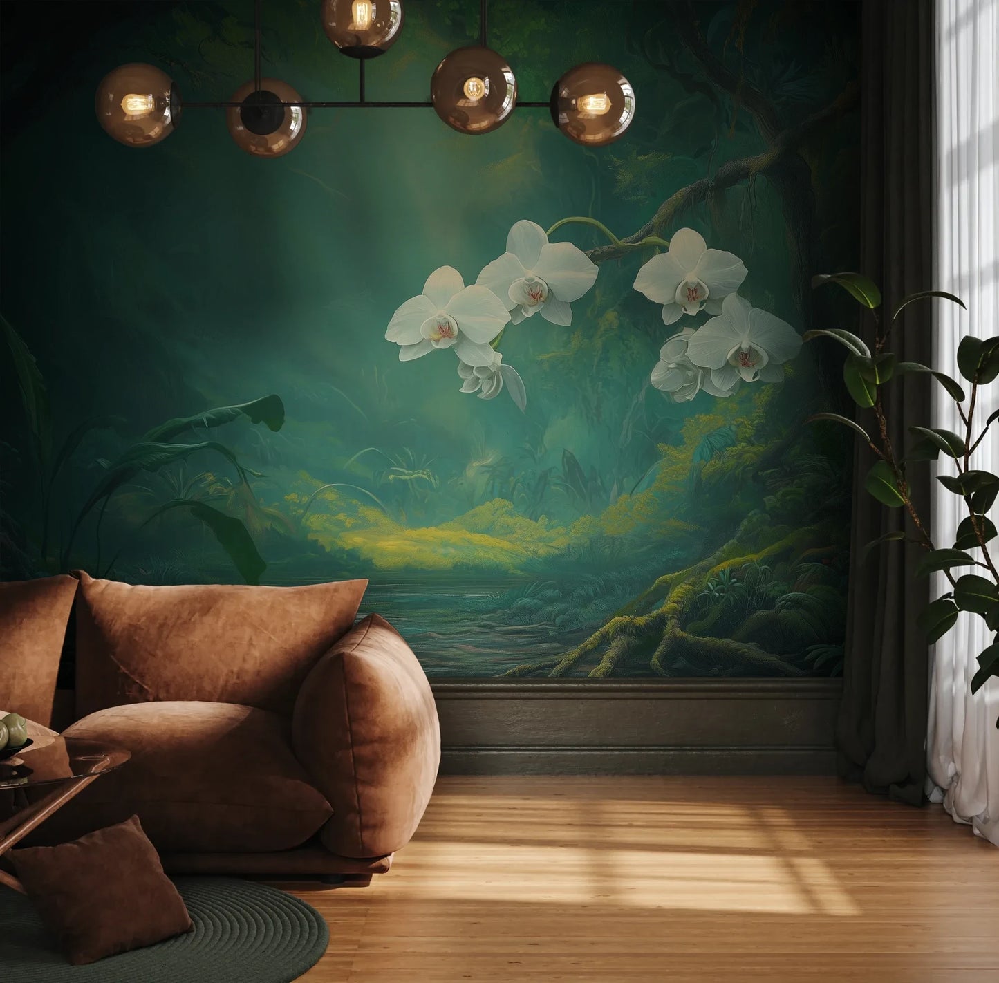 Fototapeta ORCHID SANCTUARY - tapeta z mistycznym lasem i białymi kwiatami pokazana w aranżacji wnętrza z akcentem na ścianie.