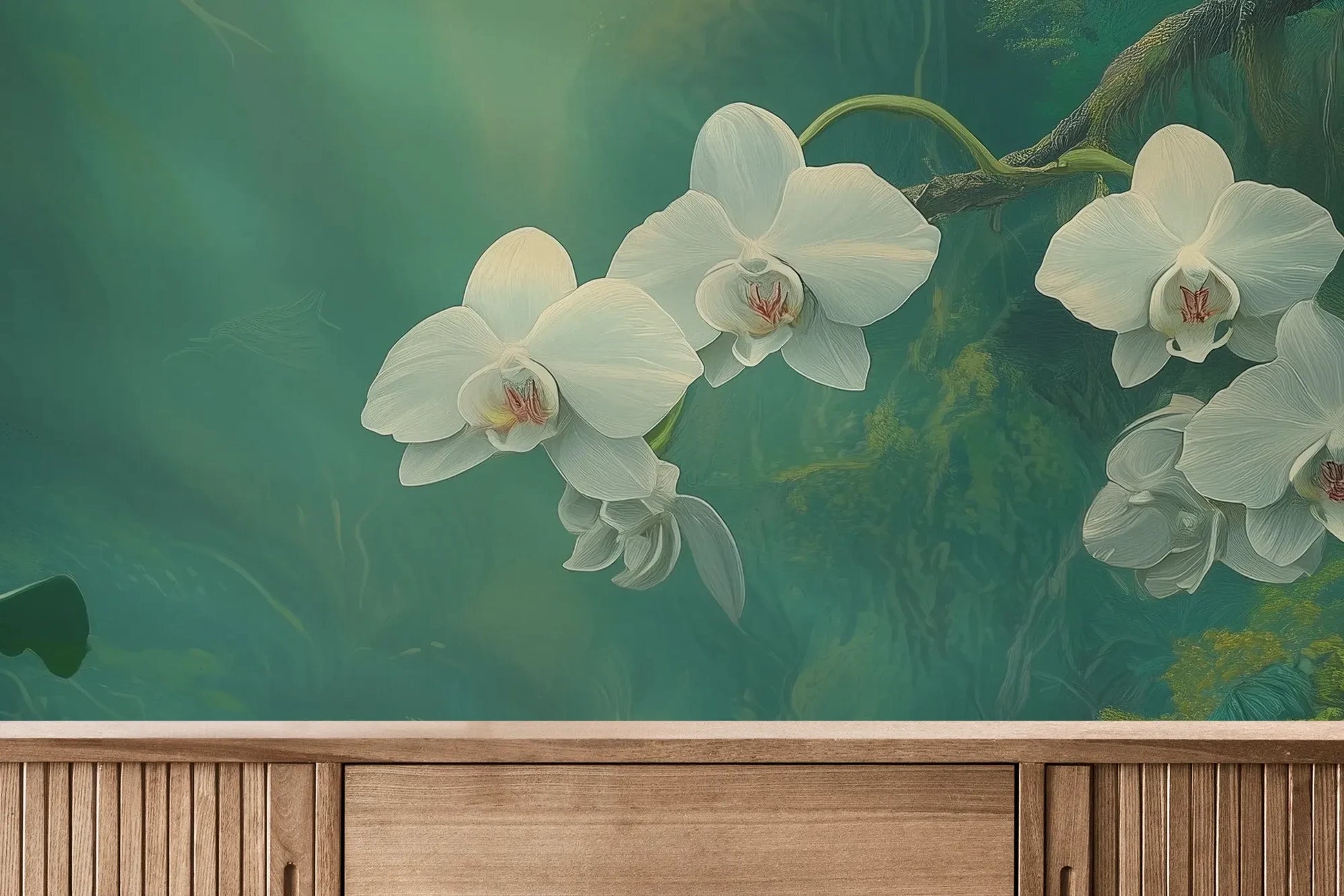 Fototapeta ORCHID SANCTUARY - tapeta z mistycznym lasem i białymi kwiatami pokazana w aranżacji wnętrza z akcentem na ścianie.