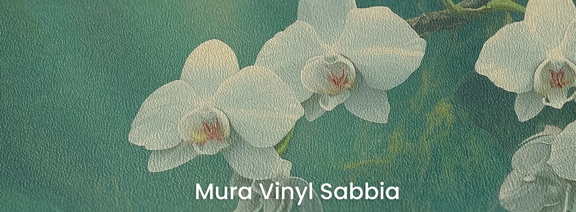Zbliżenie na fototapetę ORCHID SANCTUARY - tapeta z mistycznym lasem i białymi kwiatami na podłożu o strukturze ziarna piasku.
