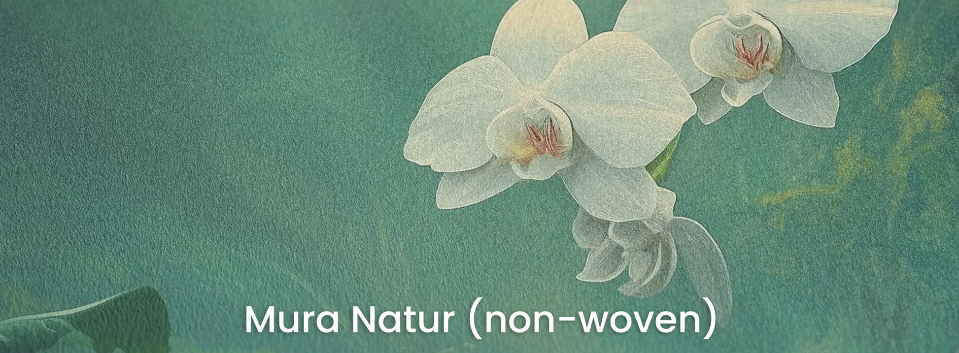 Zbliżenie na fototapetę ORCHID SANCTUARY - tapeta z mistycznym lasem i białymi kwiatami na naturalnym podłożu ekologicznym.