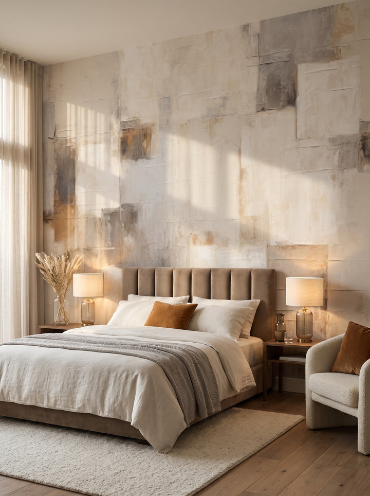 Fototapeta artystyczna o nazwie Cream Harmony w aranżacji wnętrza: apartament w pięciogwiazdkowym hotelu w stylu quiet luxury.