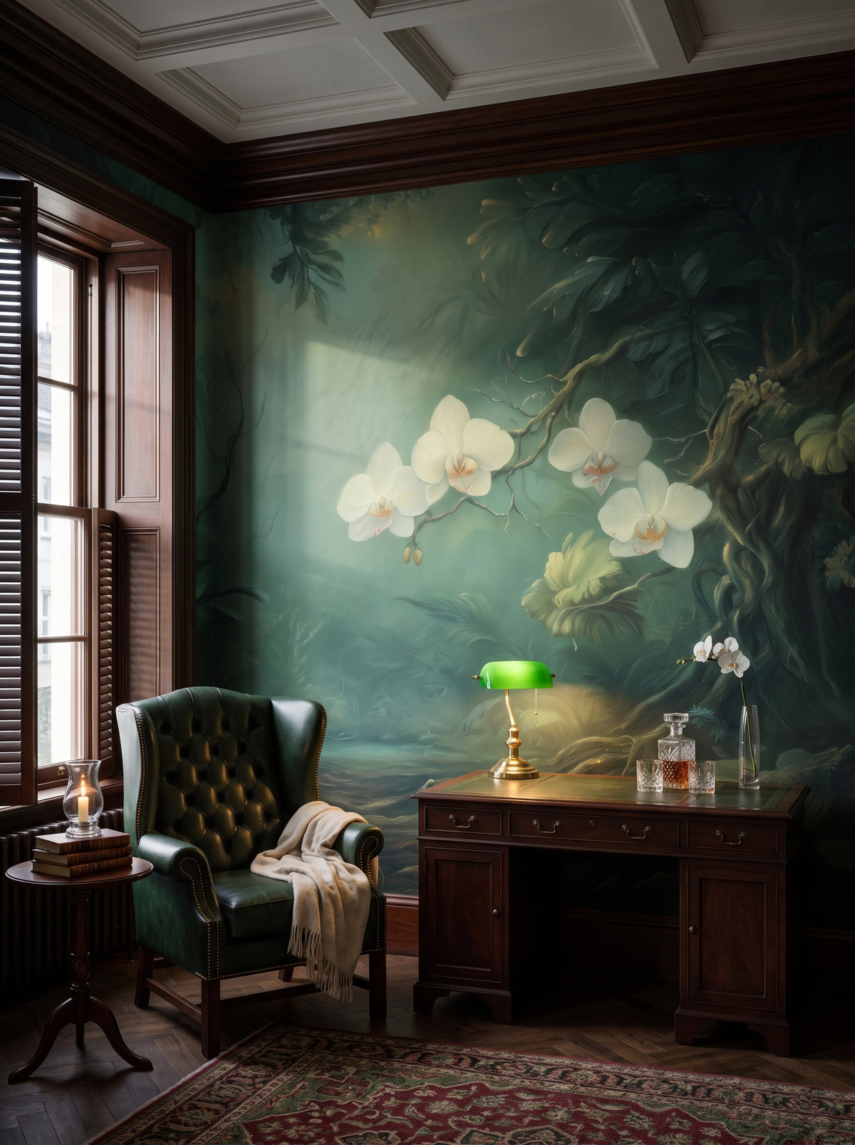 Fototapeta artystyczna o nazwie MOONLIT ORCHIDS w aranżacji wnętrza: prywatna biblioteka w stylu angielskiego klubu.