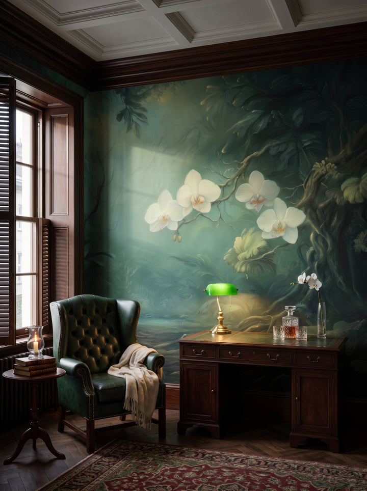 Fototapeta artystyczna o nazwie MOONLIT ORCHIDS w aranżacji wnętrza: prywatna biblioteka w stylu angielskiego klubu.