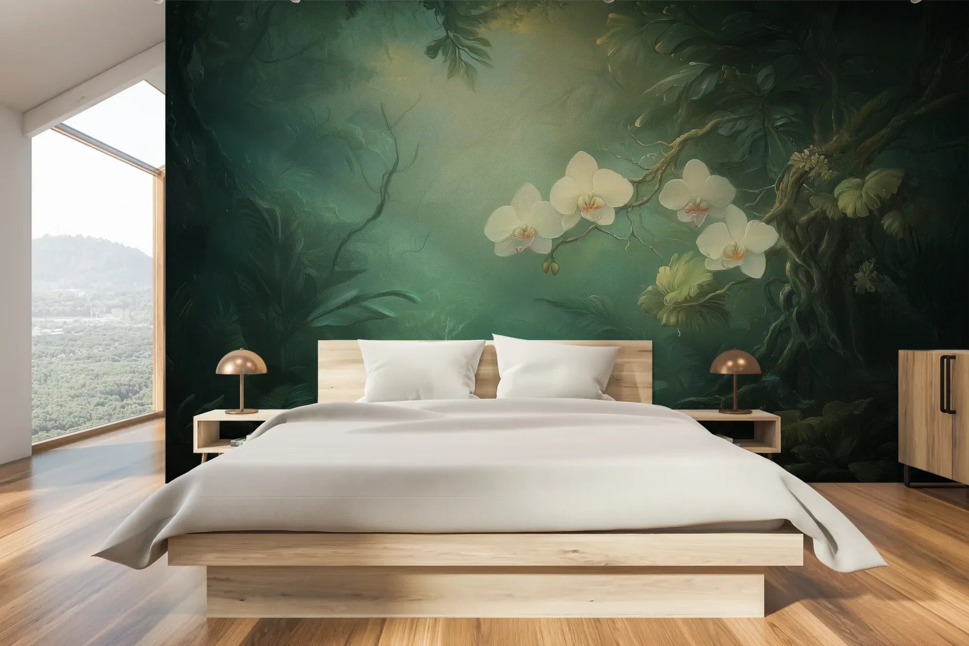 Wzór fototapety MOONLIT ORCHIDS - tapeta z tajemniczymi kwiatami w mistycznej poświacie pokazanej w aranżacji sypialni.
