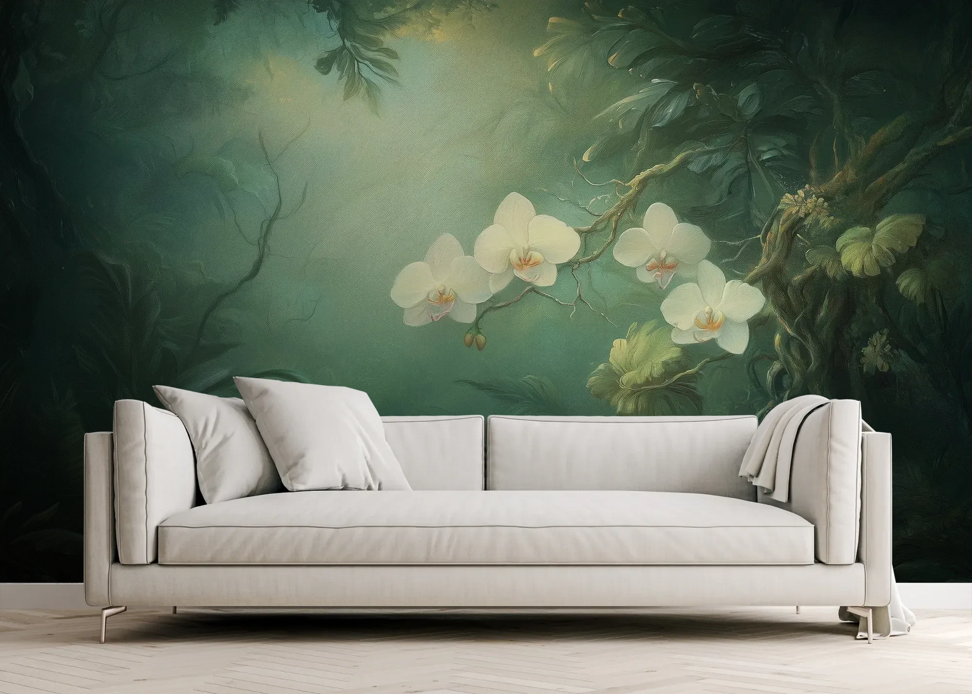 Wzór fototapety MOONLIT ORCHIDS - tapeta z tajemniczymi kwiatami w mistycznej poświacie pokazanej w aranżacji salonu.