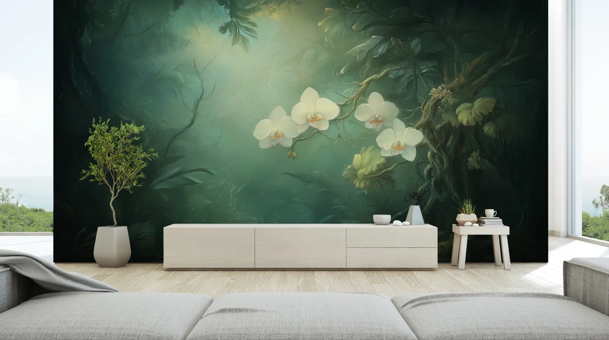 Wzór fototapety MOONLIT ORCHIDS - tapeta z tajemniczymi kwiatami w mistycznej poświacie pokazanej w aranżacji salonu.