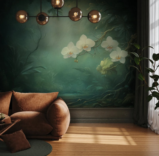 Fototapeta MOONLIT ORCHIDS - tapeta z tajemniczymi kwiatami w mistycznej poświacie pokazana w aranżacji wnętrza z akcentem na ścianie.