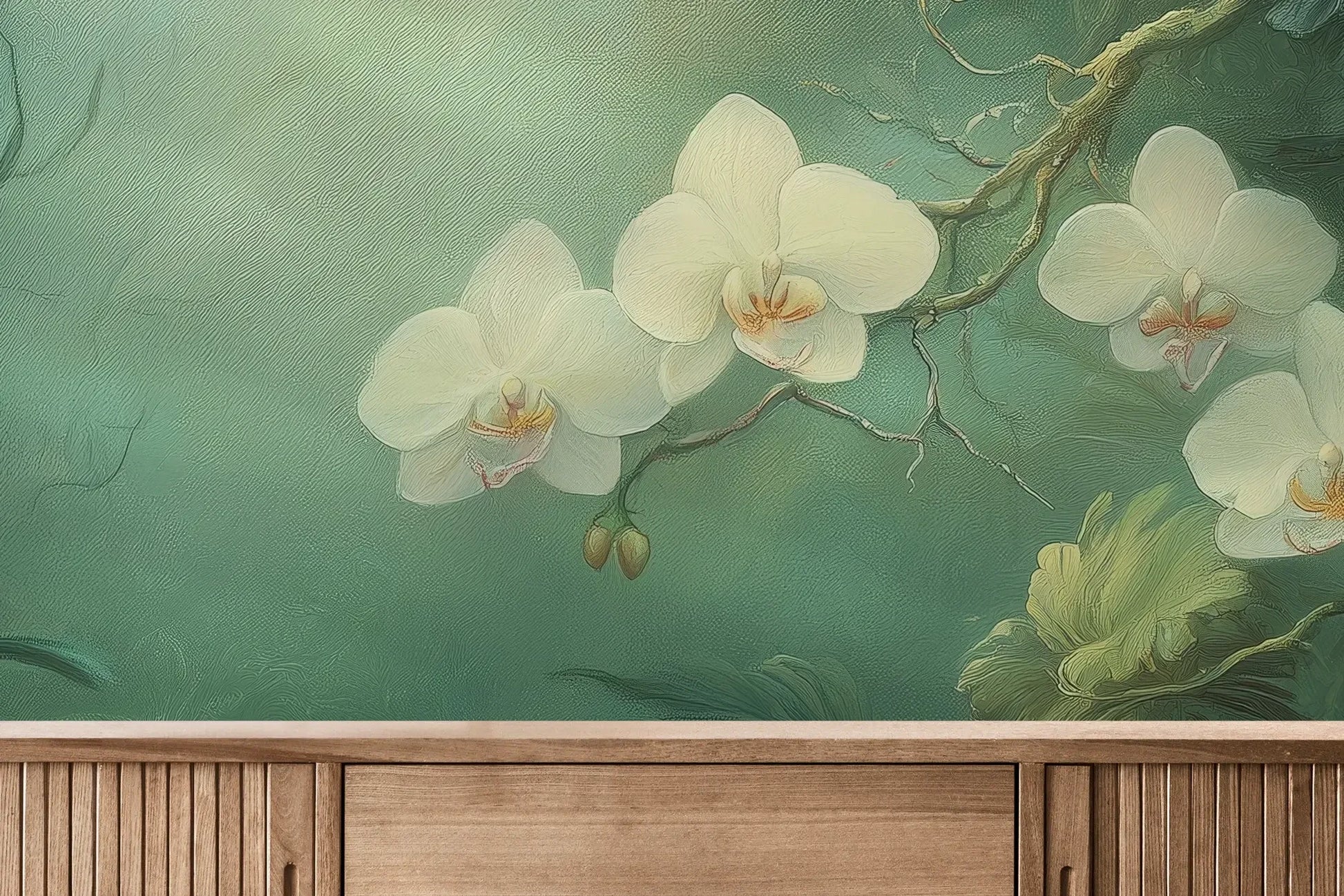 Fototapeta MOONLIT ORCHIDS - tapeta z tajemniczymi kwiatami w mistycznej poświacie pokazana w aranżacji wnętrza z akcentem na ścianie.