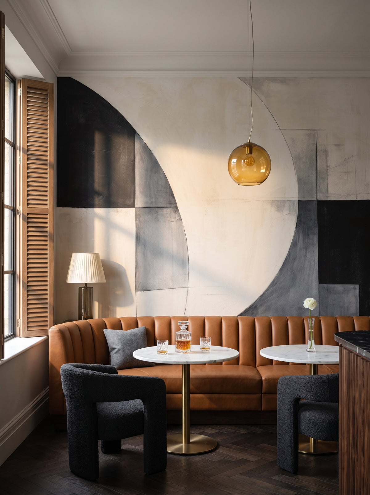 Papier peint panoramique artistique « Crescent Contrast » dans un intérieur : bar lounge dans un hôtel boutique.