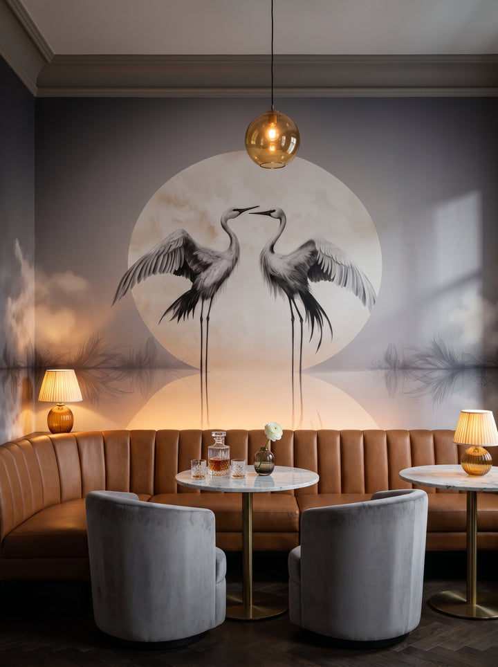 Fototapeta artystyczna o nazwie Celestial Serenity w aranżacji wnętrza: lounge barowy w butikowym hotelu.