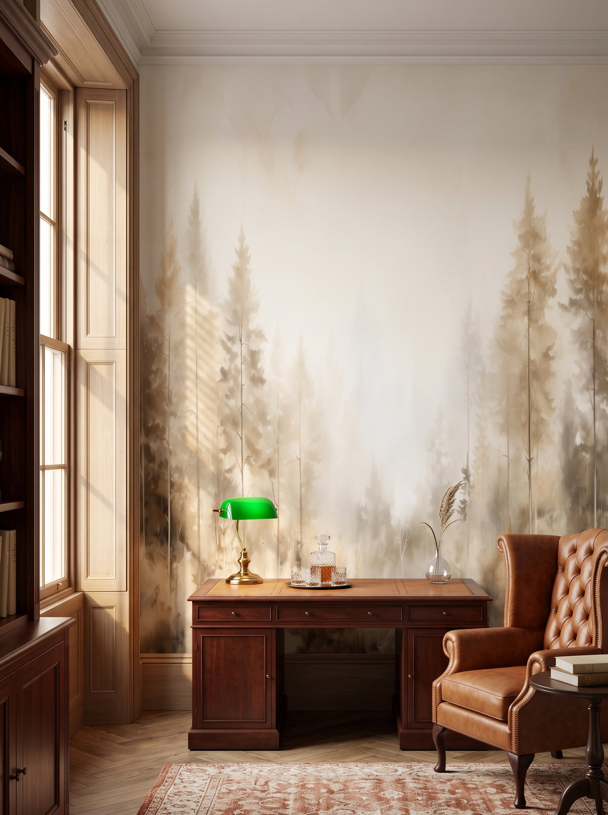 Fototapeta artystyczna o nazwie FOREST DAWN MIST MURAL w aranżacji wnętrza: prywatna biblioteka w stylu angielskiego klubu.