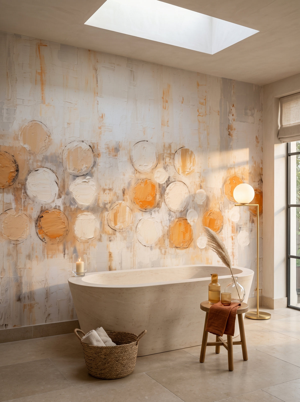 Fototapeta artystyczna o nazwie AMBER AND IVORY SPHERICAL HARMONY w aranżacji wnętrza: łazienka spa w luksusowej rezydencji.