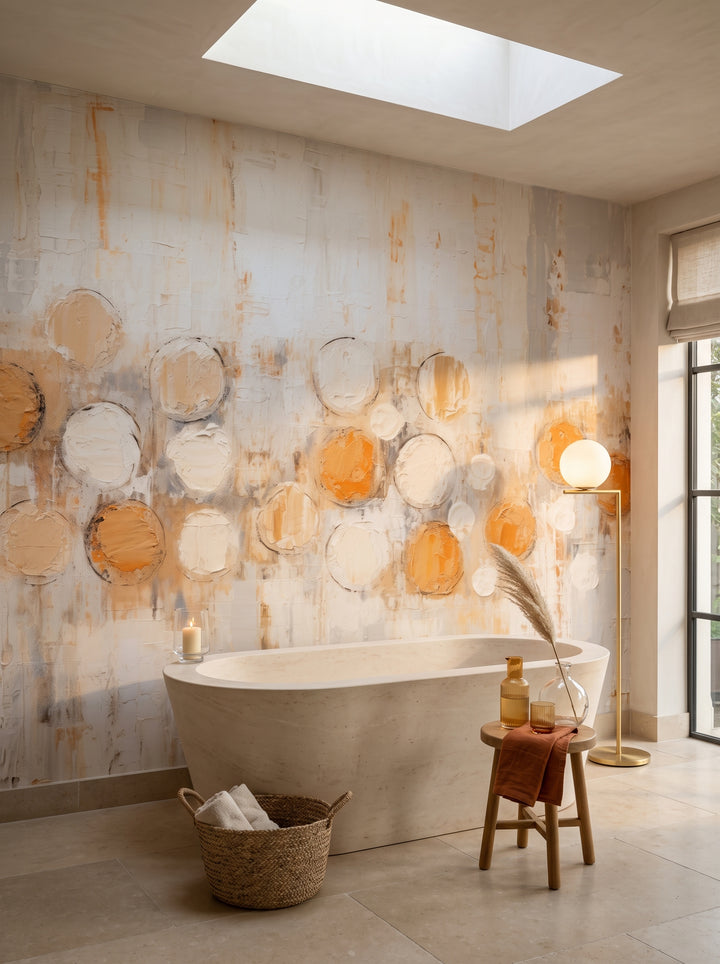 Fototapeta artystyczna o nazwie AMBER AND IVORY SPHERICAL HARMONY w aranżacji wnętrza: łazienka spa w luksusowej rezydencji.