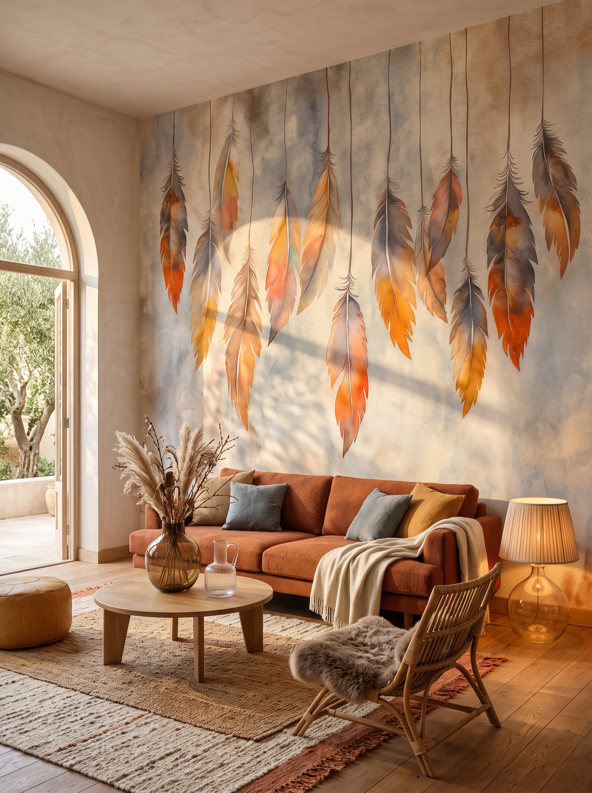 Fototapeta artystyczna o nazwie Autumn Hues w aranżacji wnętrza: salon w stylu wyrafinowanego boho z wyjściem na taras.