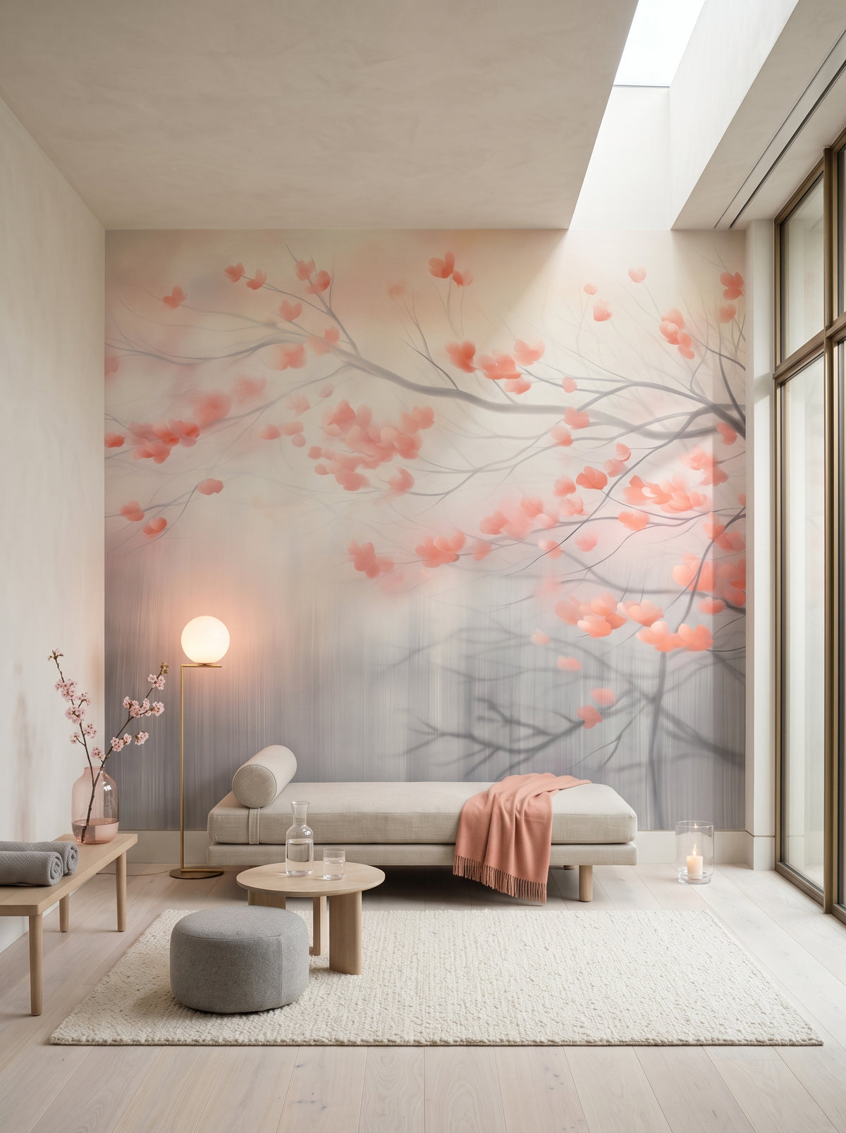 Künstlerische Fototapete „Spring Melody“ im Interieur: privater Wellnessraum in einer modernen Residenz.