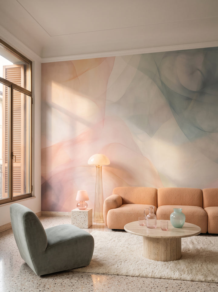 Fototapeta artystyczna o nazwie Pastel Peaks w aranżacji wnętrza: salon w mediolańskim apartamencie z lat 70..