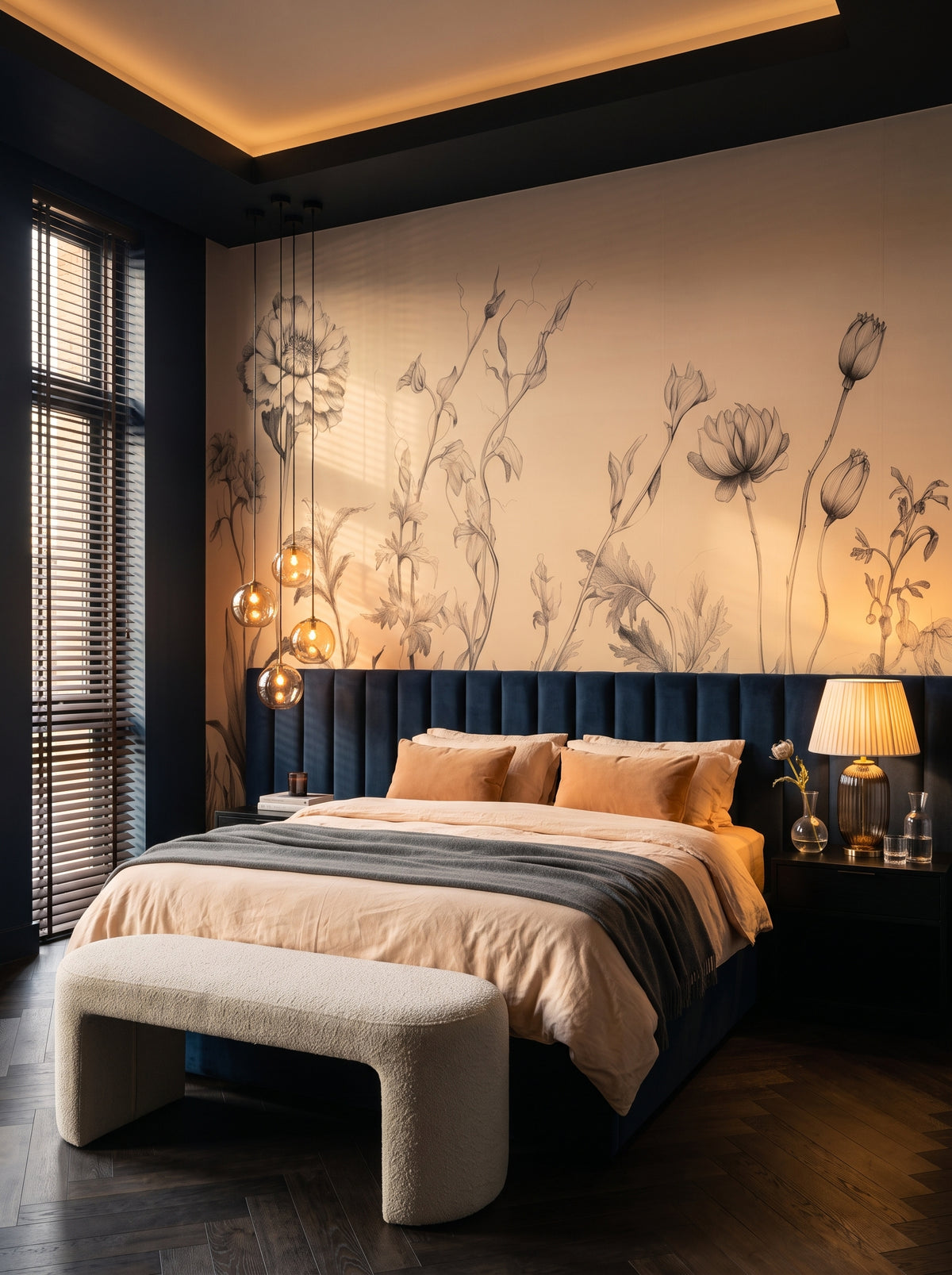 Fototapeta artystyczna o nazwie Sunflower Elegance w aranżacji wnętrza: sypialnia w hotelu butikowym.