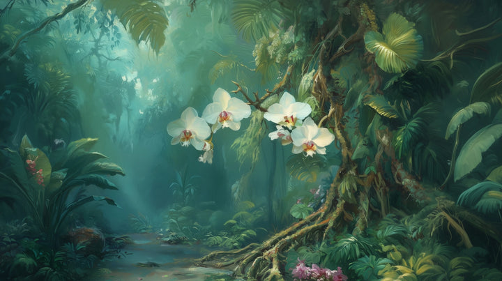 Prezentacja całego wzoru fototapety o nazwie ORCHID RAINFOREST - tapeta z mistyczną dżunglą i kwitnącymi orchideami