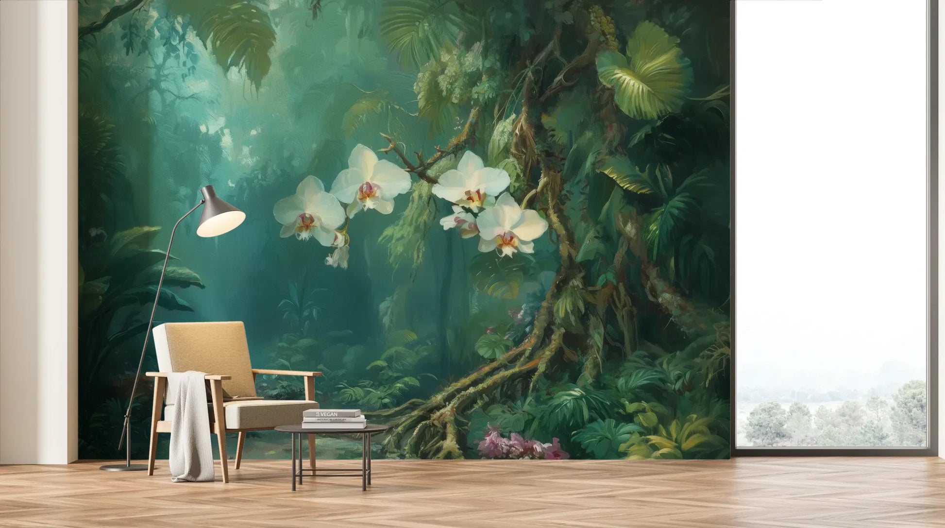 Wzór fototapety ORCHID RAINFOREST - tapeta z mistyczną dżunglą i kwitnącymi orchideami pokazanej w aranżacji salonu.