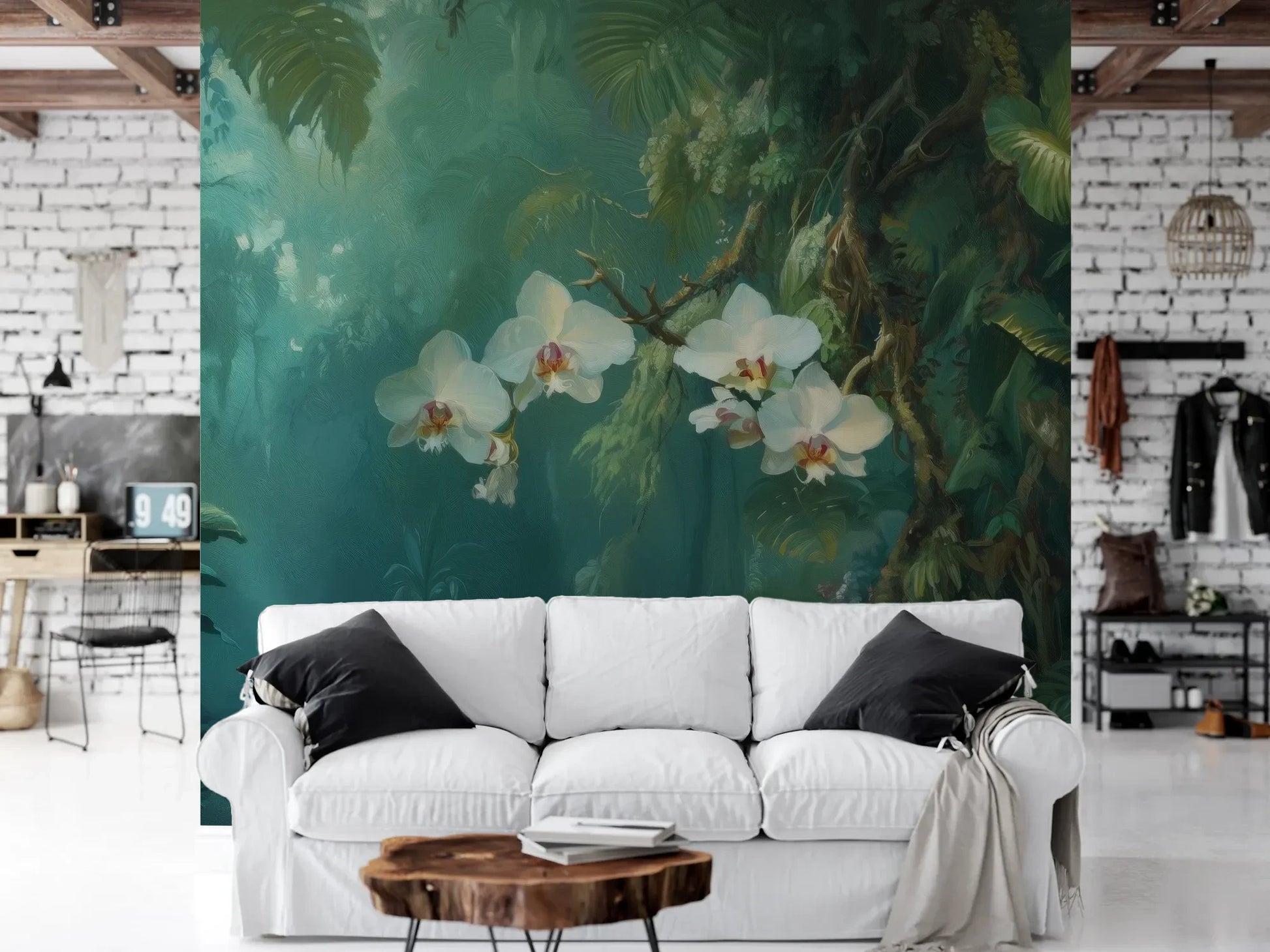Wzór fototapety ORCHID RAINFOREST - tapeta z mistyczną dżunglą i kwitnącymi orchideami pokazanej w aranżacji salonu.