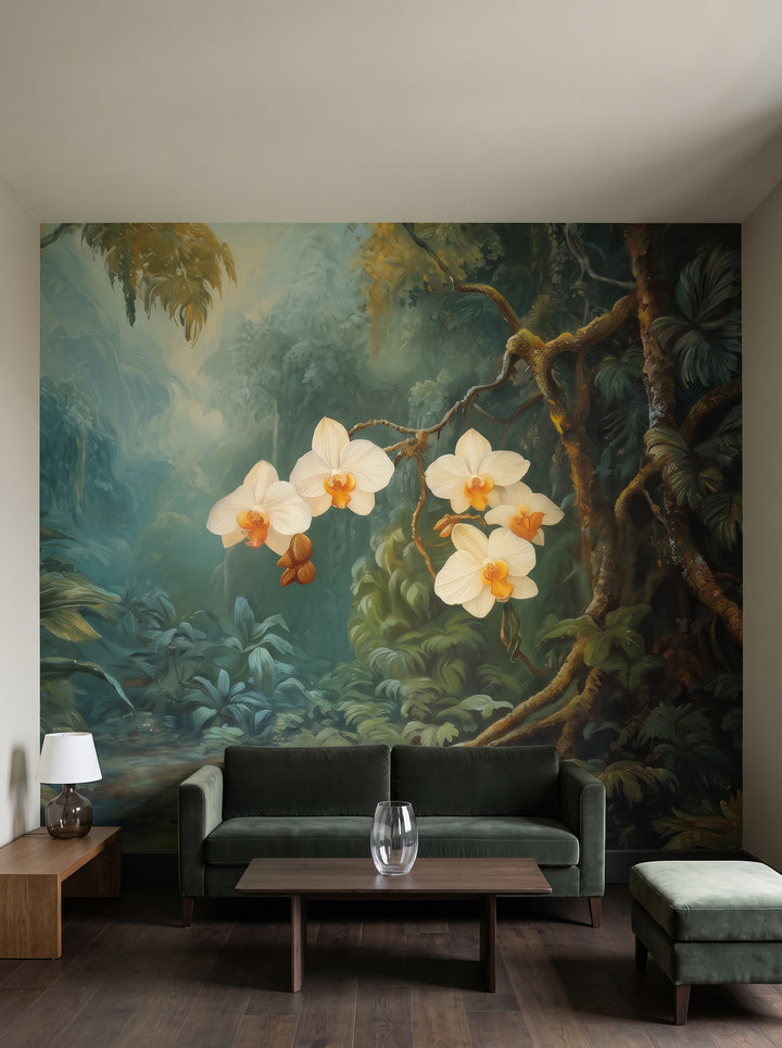 Fototapeta artystyczna o nazwie ORCHID LUMINANCE w aranżacji wnętrza: salon apartamentu w pięciogwiazdkowym hotelu.