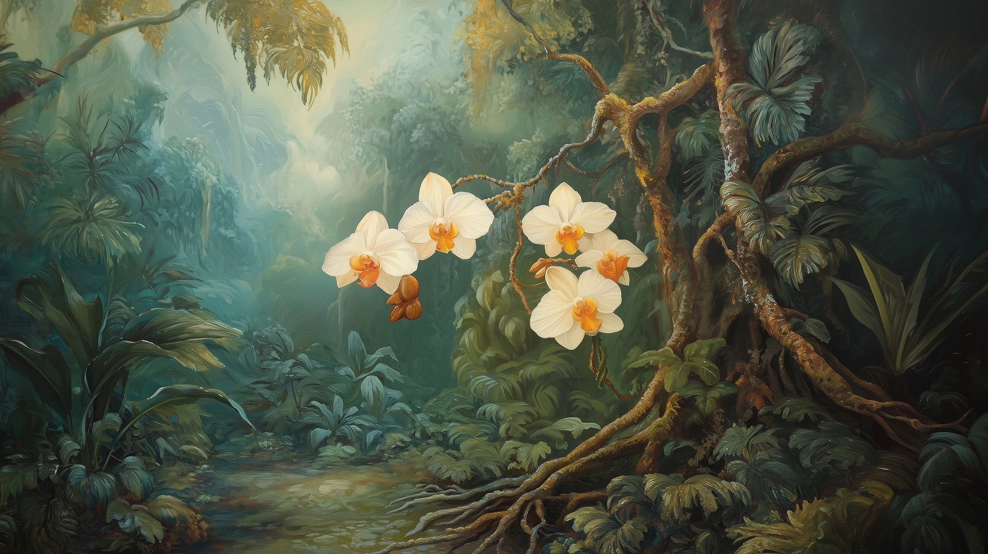 Prezentacja całego wzoru fototapety o nazwie ORCHID LUMINANCE - tapeta z tropikalnymi kwiatami w mistycznym lesie