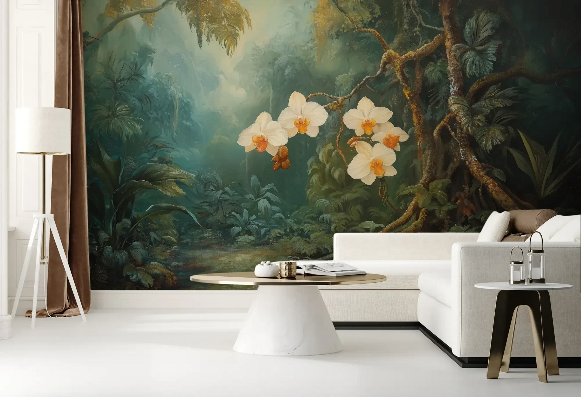 Wzór fototapety ORCHID LUMINANCE - tapeta z tropikalnymi kwiatami w mistycznym lesie pokazanej w aranżacji salonu.