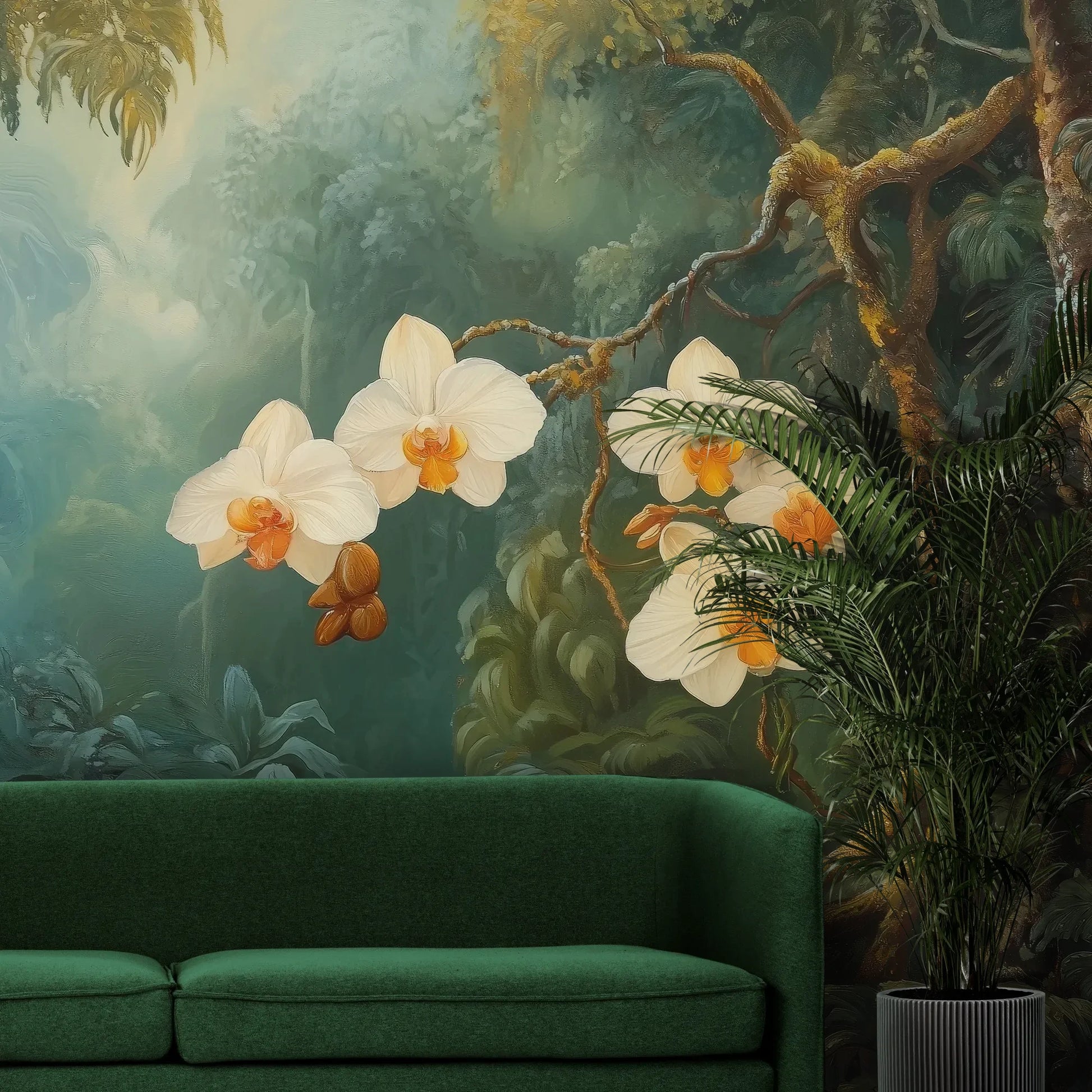 Fototapeta ORCHID LUMINANCE - tapeta z tropikalnymi kwiatami w mistycznym lesie pokazana w aranżacji wnętrza z akcentem na ścianie.