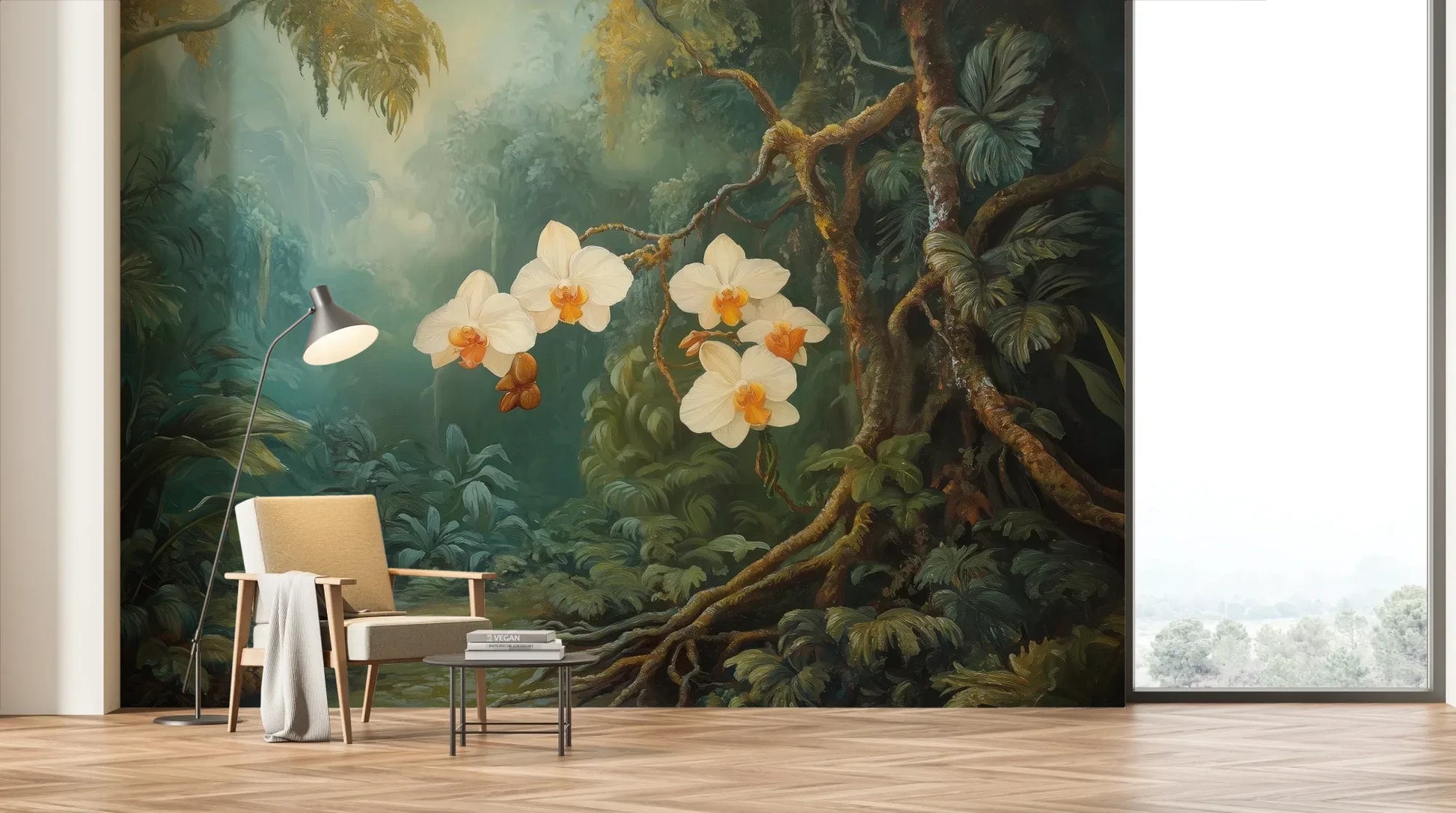 Wzór fototapety ORCHID LUMINANCE - tapeta z tropikalnymi kwiatami w mistycznym lesie pokazanej w aranżacji salonu.