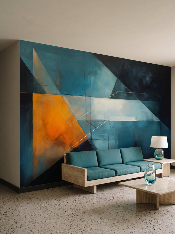 Fototapeta artystyczna o nazwie Geometric Fusion w aranżacji wnętrza: salon w mediolańskim modernizmie lat 70..
