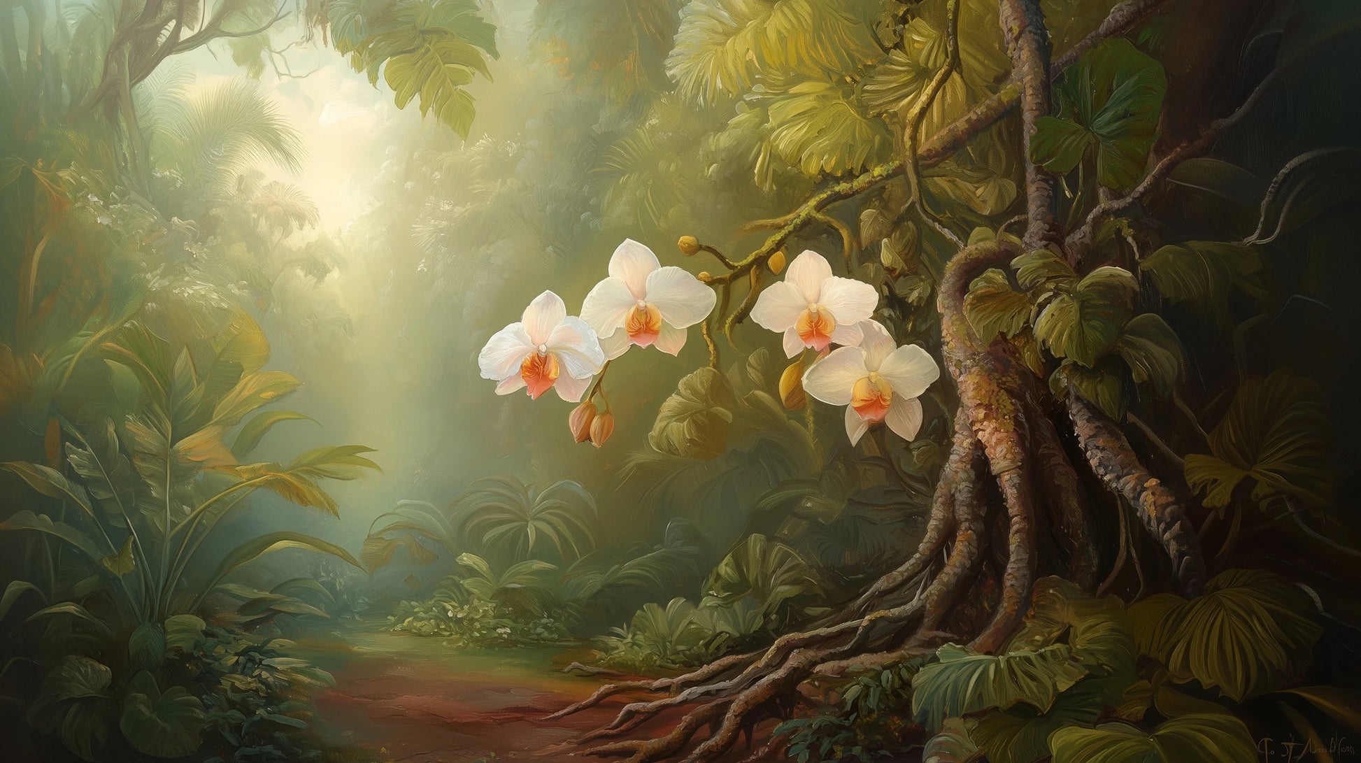 Prezentacja całego wzoru fototapety o nazwie ORCHID TWILIGHT - tapeta z magicznym ogrodem orchidei w tropikalnej mgle